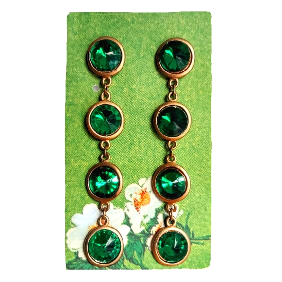 Green Rhinestone Dangle Vintage Earrings - Picture 1 of 14